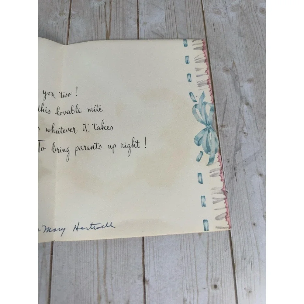 Vintage 1955 Baby Arrival Congratulations Card Flocked Baby Teddy Bears Signed